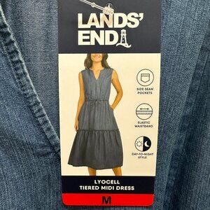 New Lands' End Women's Lyocell Tiered Midi Dress Size M Blue Cottagecore Boho